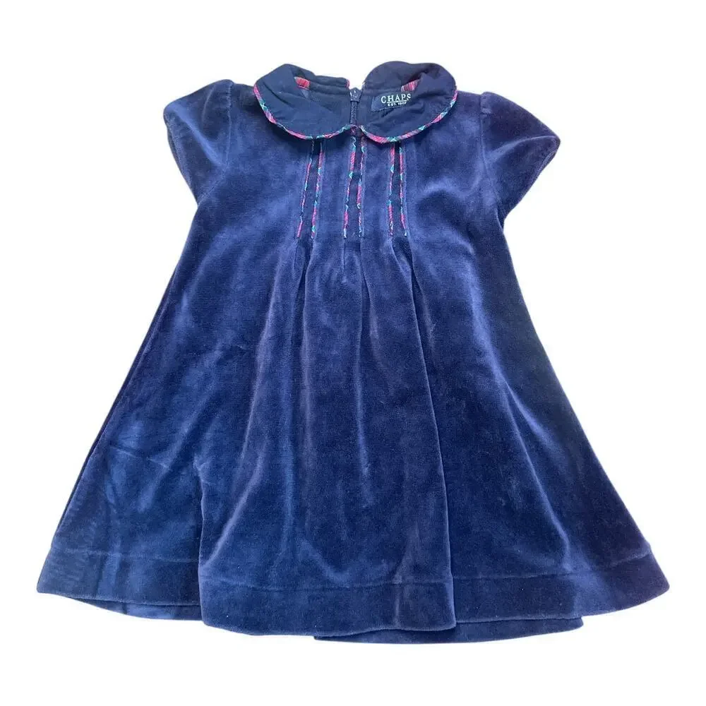 CHAPS Velour Dk Blue Cap Sleeves Peter Pan Collar Cotton Blend Dress Size 12M